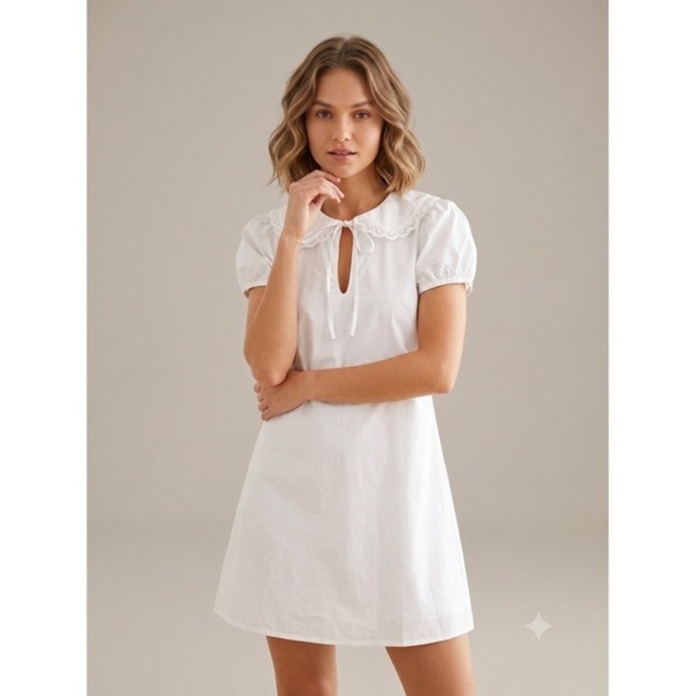 Princess Polly White You've Got Mail Dress Peter Pan Collar Eyelet Lace Puff 2 - Picture 1 of 7